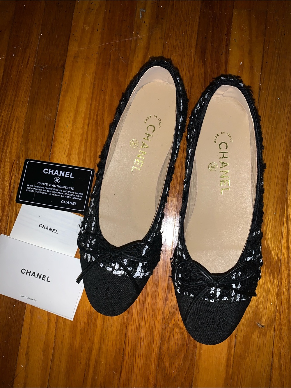 CHANEL Black Tweed Ballet Flats with Bow and Sequin Accents